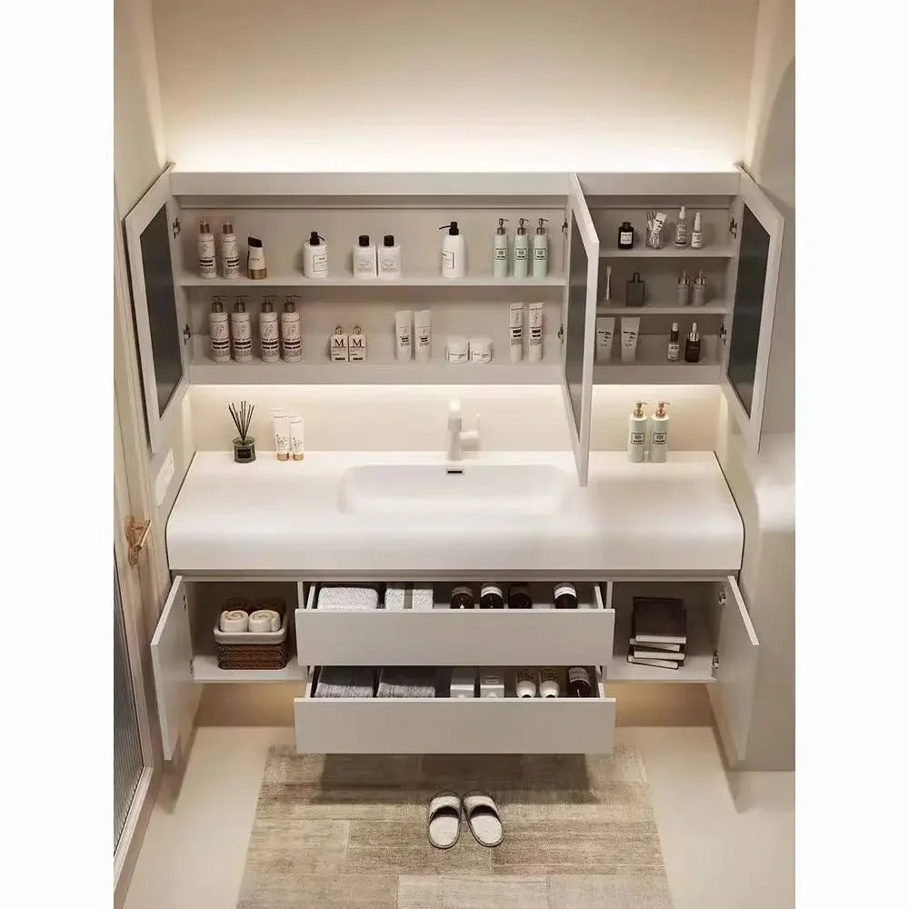 Luxury Light Bathroom Cabinet Simple White Rock Integrated Washbasin Nordic Home Bathroom Vanity Sink Cabinet Bathroom Furniture