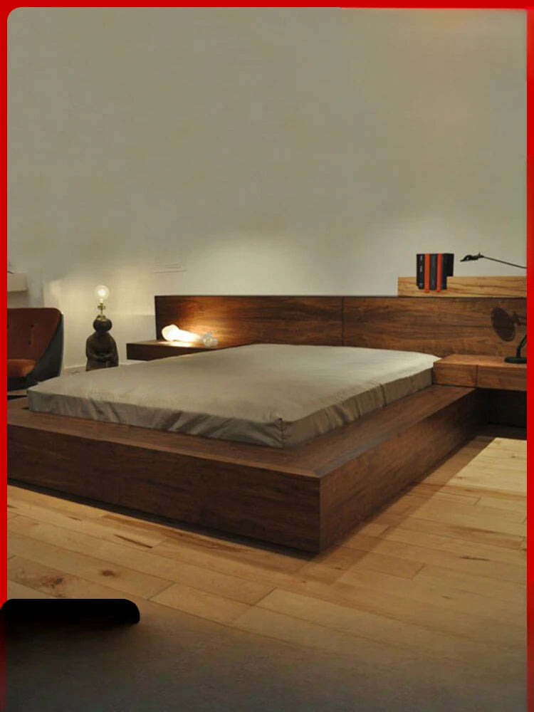 Simple modern all solid wood bed, tatami bed, black walnut 1.8 double bed, Nordic Japanese style master bedroom queen bed