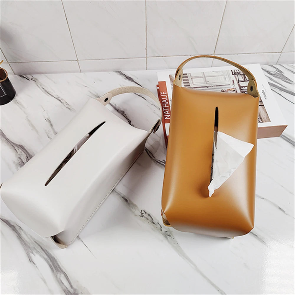 Soft Leather Storage Tissue Box Wall-Mounted Punch-Free Car Paper Box Home Living Room Light Luxury Cosmetics Storage Box 2024