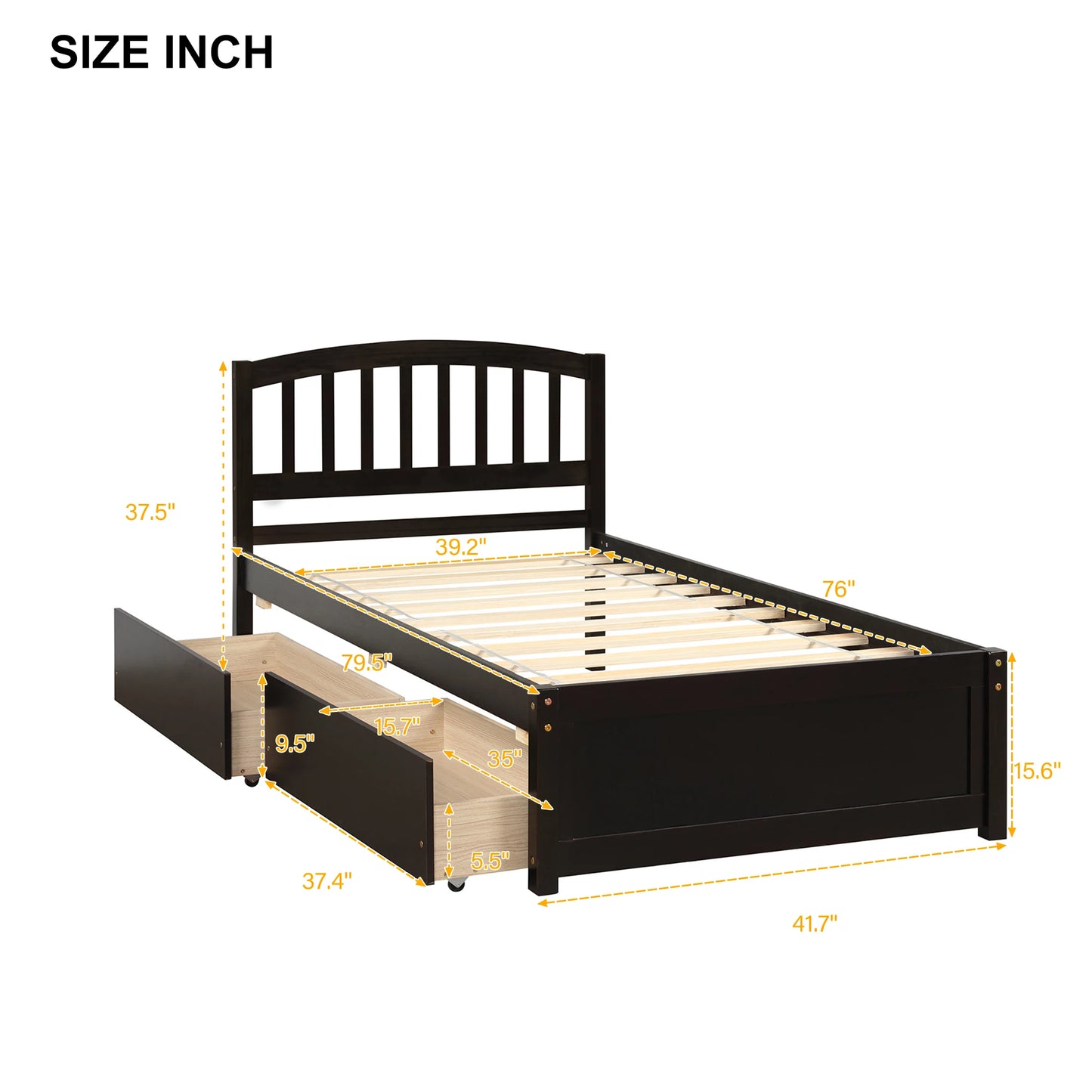 Espresso Twin Platform Storage Bed with Headboard, Two Drawers, Solid Wood Frame  79.50x41.70x37.50 in.