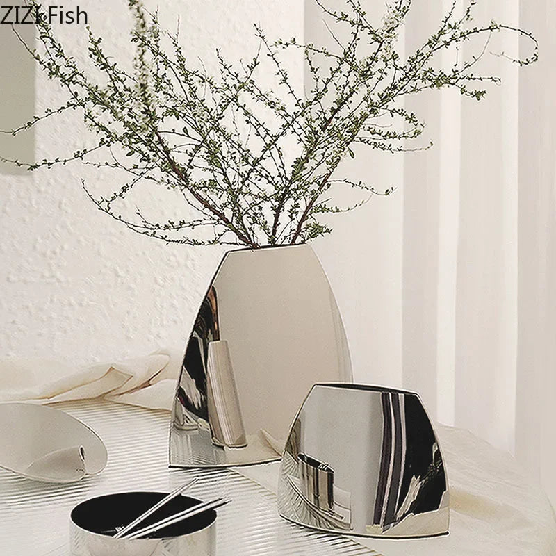 Silver Arc-shaped Smooth Metal Vase Flowers Pots Desk Decoration Flower Arrangement Crafts Floral Vases Room Aesthetic Decor