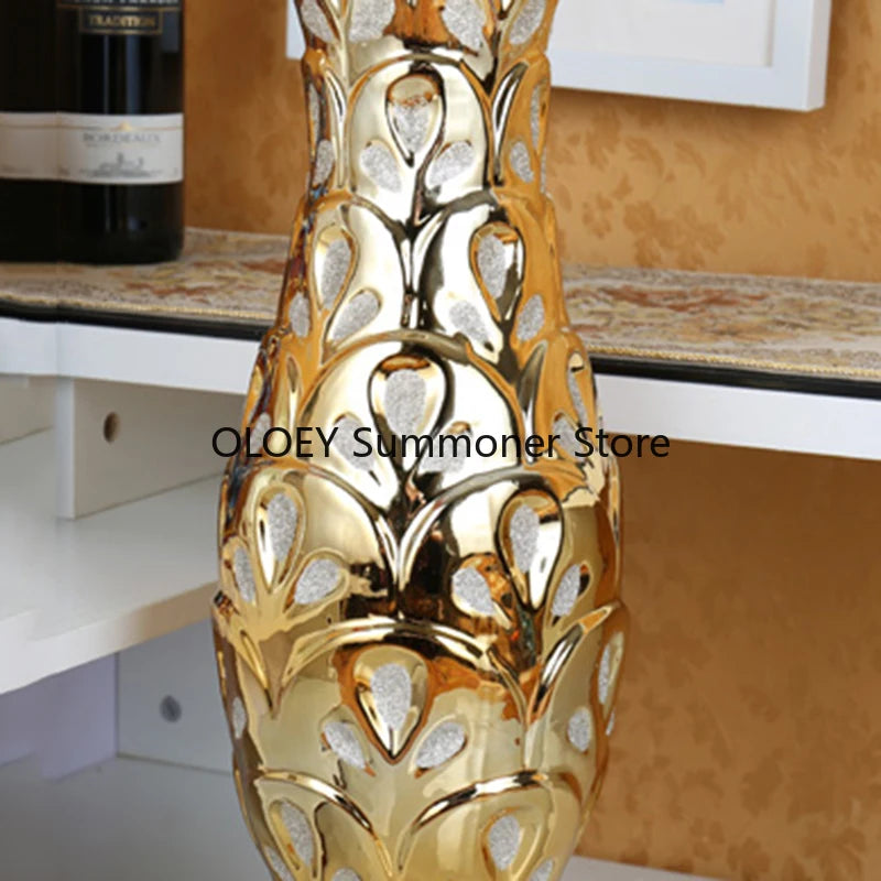 Grand Decorative 60 Cm Ceramic Floor Vase Luxury Gold Interior Creative Flower Vase Plant Pot Jarron Home Decor Aesthetic AA50VA