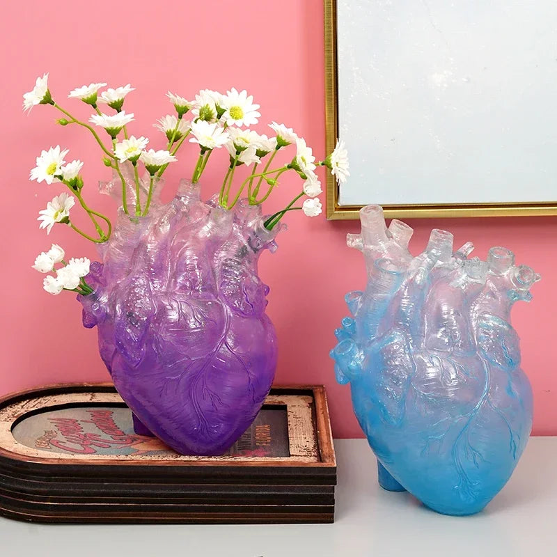 New Transparent Heart Resin Vase Anatomical Heart Flower Vase Ornament Craft Planter Pot For Office Living Room Bedroom Desktop