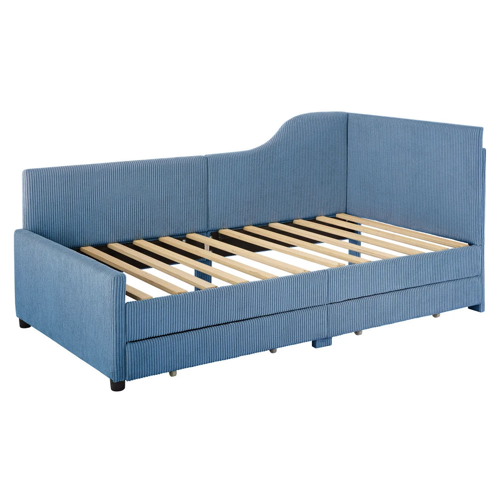 Twin Size Beds, L-Shaped Corduroy Daybed, Upholstered Bed Frame with 2 Storage Drawers, Beds for the Bedroom or Living Room