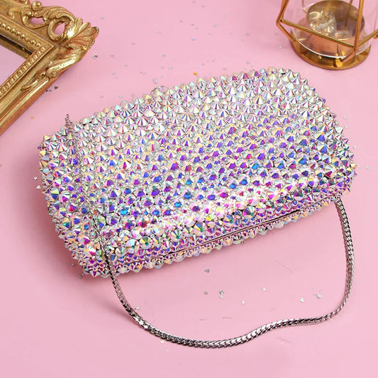 Women Handbag Heavy Metal Style Luxury Shining Mided Color Crystal Rhinestone Diamond Everning Clutch Purse Customized Handmade