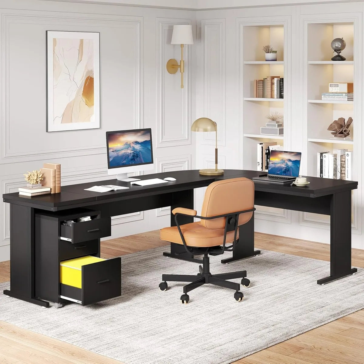 83" L-Shaped Executive Desk, Large Office Desk with 3-Drawer Mobile File Cabinet, Industrial Computer Desk with Storage Drawers