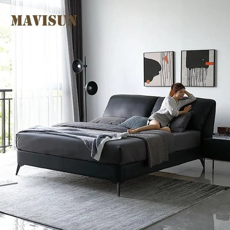 Nordic Leather Bed For Small Apartment 1.8 Meters Contemporary Minimalist Black Soft And Comfortable Double Master Wedding Bed