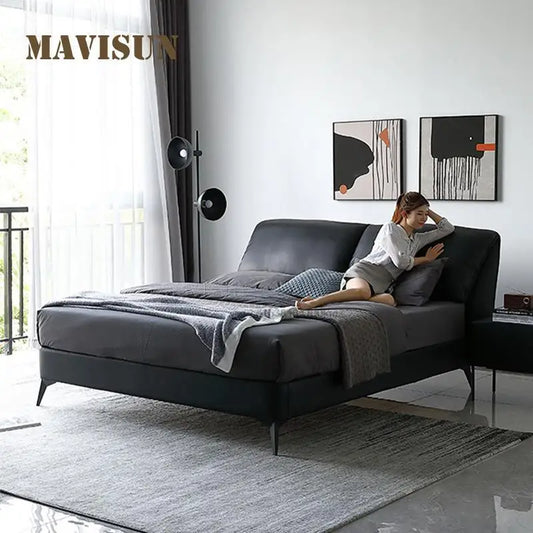 Nordic Leather Bed For Small Apartment 1.8 Meters Contemporary Minimalist Black Soft And Comfortable Double Master Wedding Bed