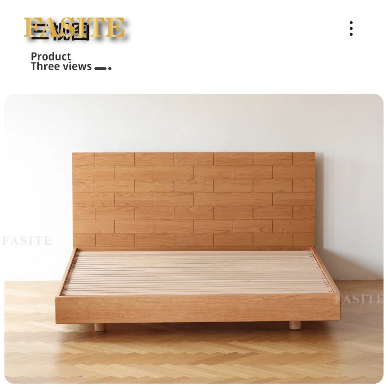 Solid wood tatami suspended bed, Nordic large slab, large material, cherry wood master bedroom art