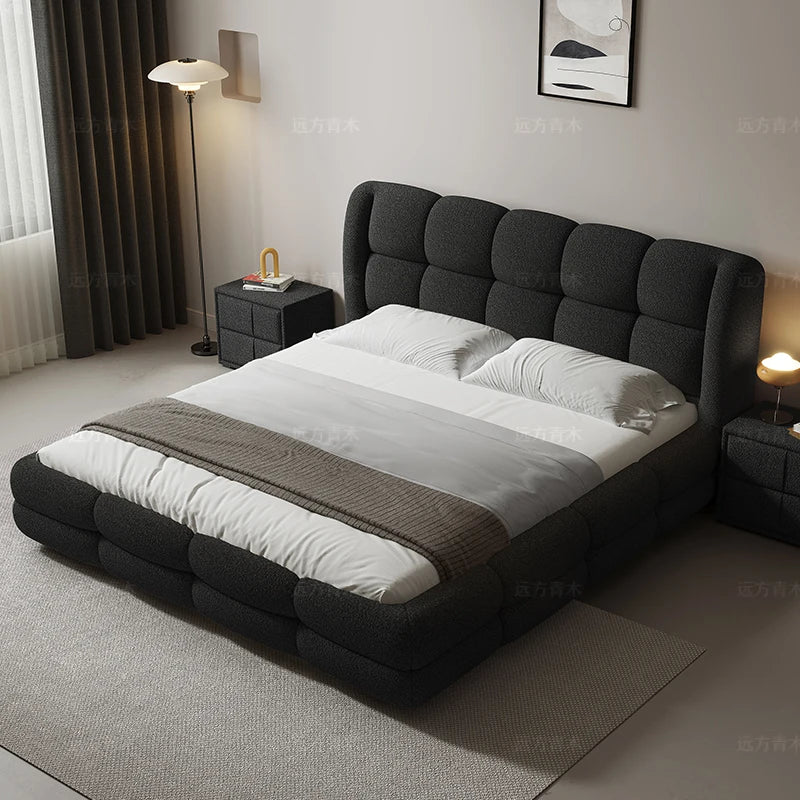 Lamb cashmere cotton candy cloth bed simple modern minimalist French black high-end double master bedroom bed.