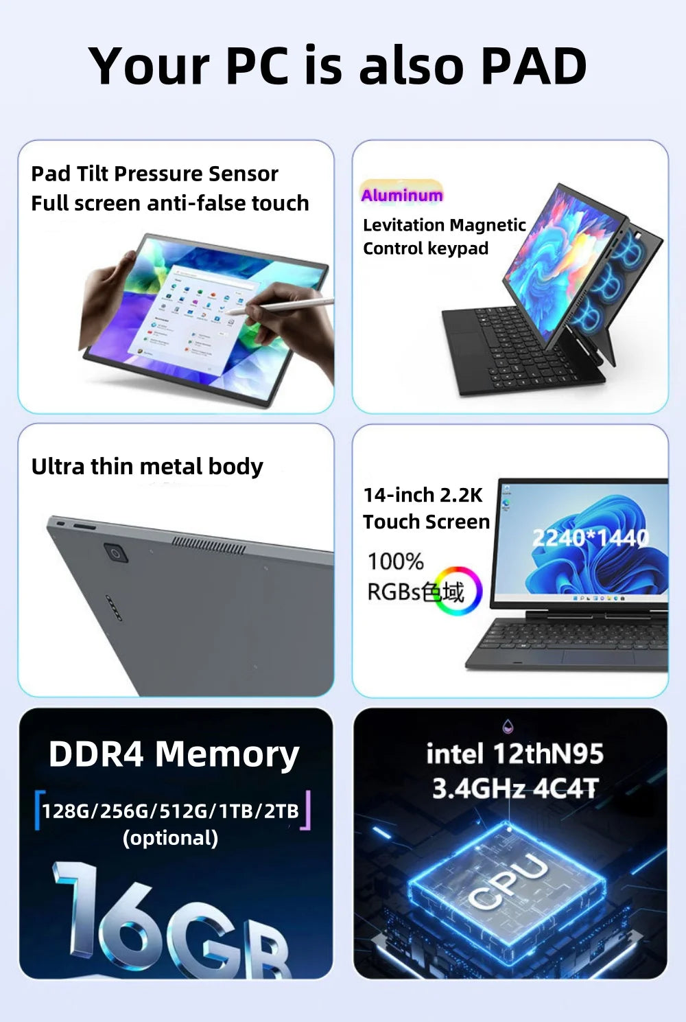 Intel® Processor N95 PC+PAD 14" IPS Touch Screen Windows 11 Ram 16GB Rom 128G-2TB SSD Computer Wifi BT Gaming Laptop