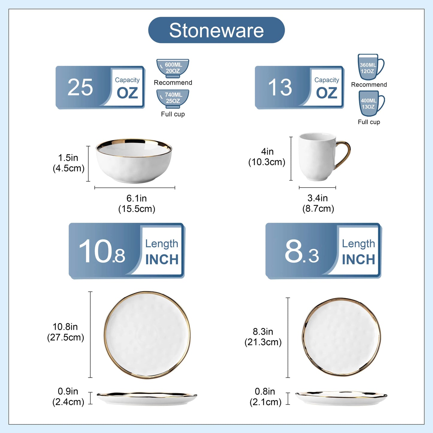 LOVECASA 16/32 Piece White Porcelain Dinnerware Set with Gold Trim Dessert Plate,Dinner Plate,Cup,Bowl Tableware Set