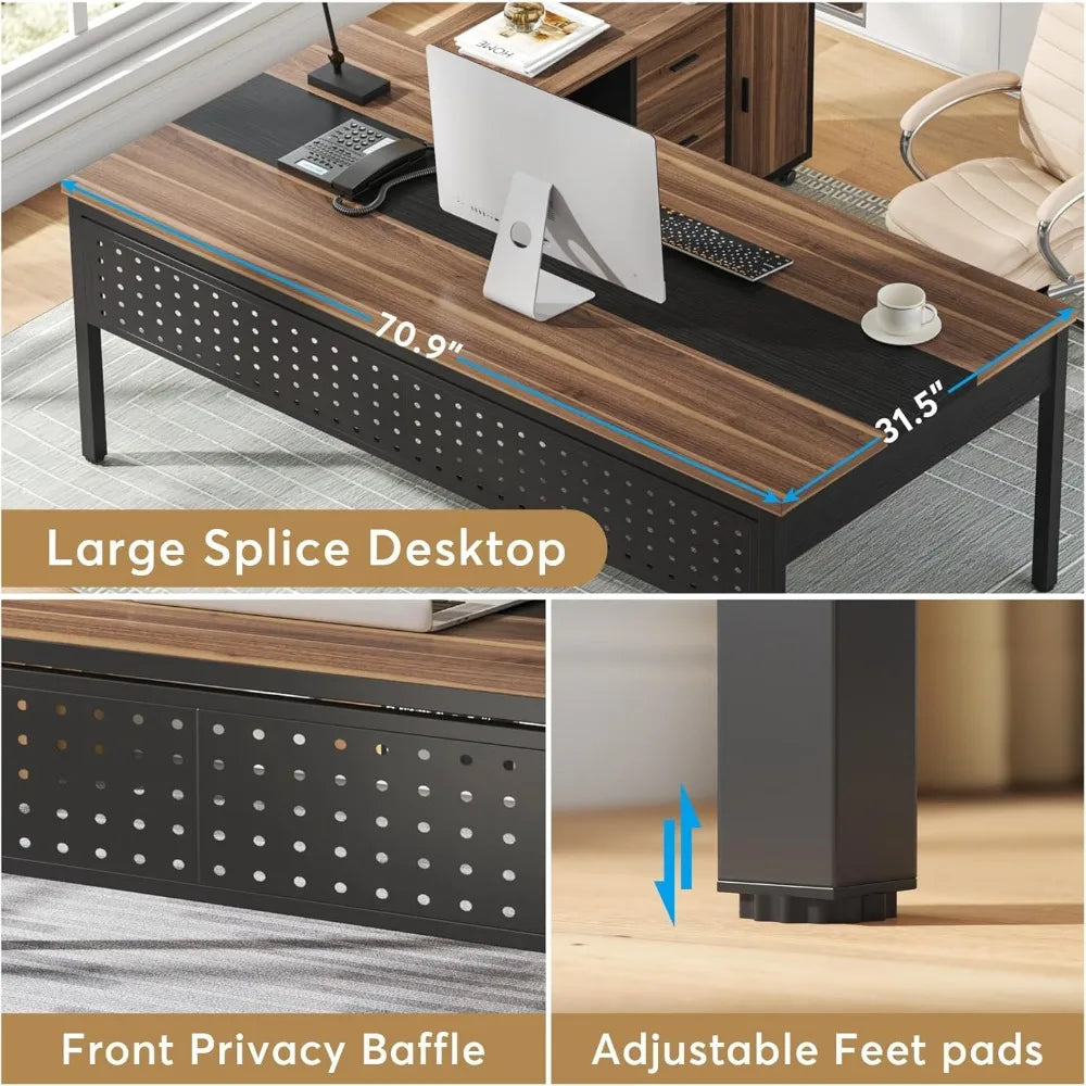 70.8" Large Executive Office Desk and 47" Lateral File Cabinet Combo, L-Shaped Computer Desk 2 Piece Business Furniture