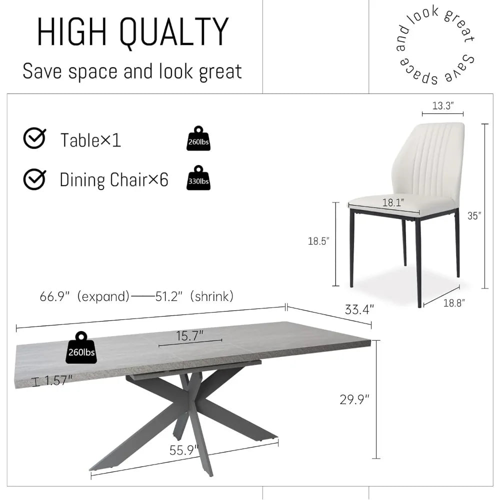 6-8 People Modern Dining Table Rectangular Space-Saving (Gray Table + 6 White Chairs) Table and Chair Set