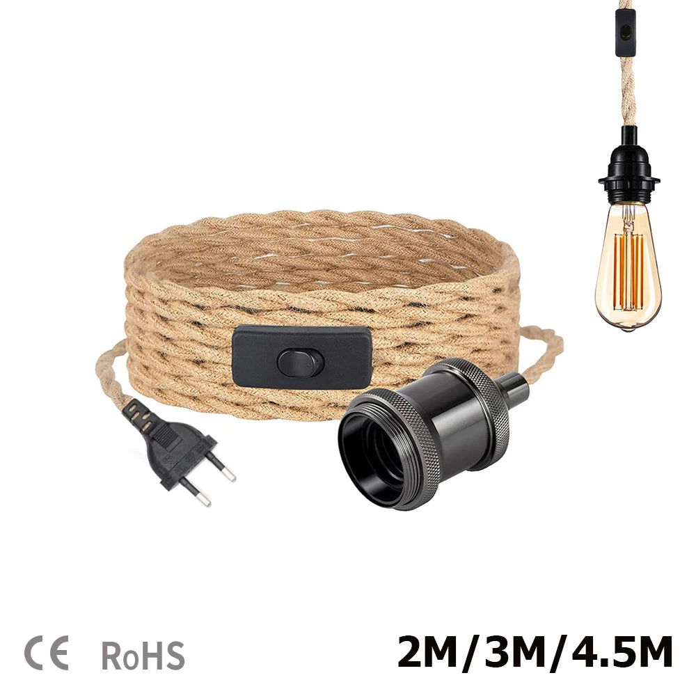 4.5M Power Cord Pendant Light Twist Hemp Rope Cables E26 E27 Lamp Holder EU Plug with Switch Wire Edison Bulb Socket Cord