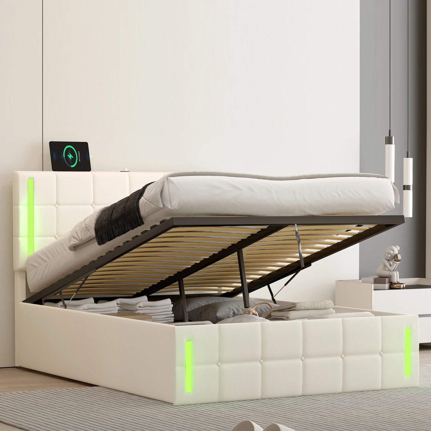 Full Size Upholstered Bed with LED Lights, Hydraulic Storage System and USB Charging Station, White  76.80x56.30x39 in.