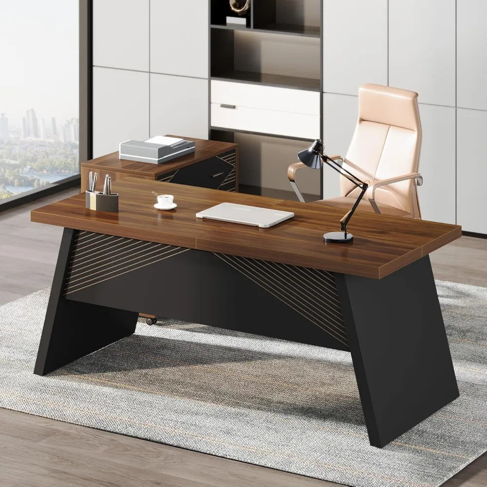 L-Shaped Executive Desk, 62" Large Home Office Computer Desk with 2 Storage Drawers and Letter Size File Cabinet