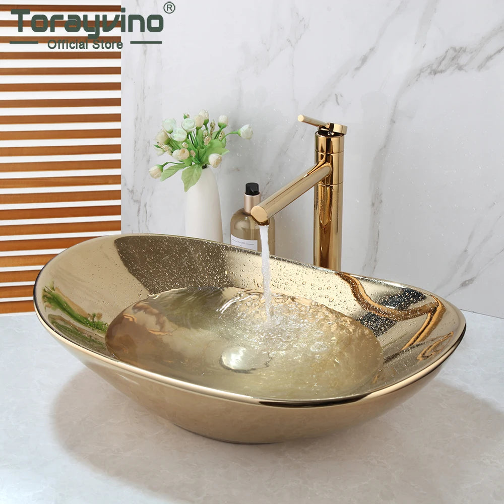 Torayvino Luxury Golden Polished Bathroom Ceramic Lavatory Bath Combined Mixer Washbasin Vessel Sink Faucets Set W/ Pop Drain