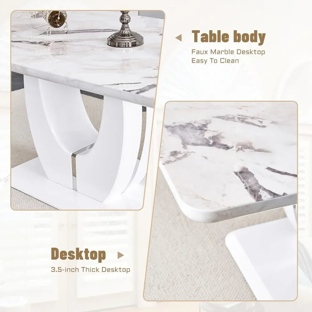 White Faux Marble Dining Table Set,6 PU Leather Upholstered Dining Chairs, Living Room Dinings Tables Set,White