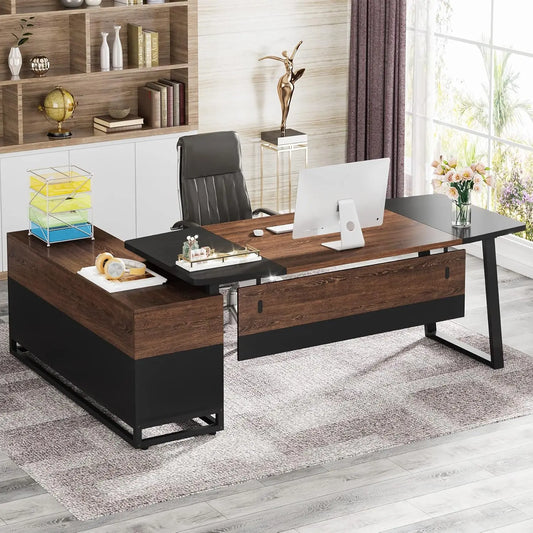 Tribesigns 74.8” Executive Desk and 55” Lateral File Cabinet, Large L-Shaped Computer Desk with Storage Cabinet and Shelves