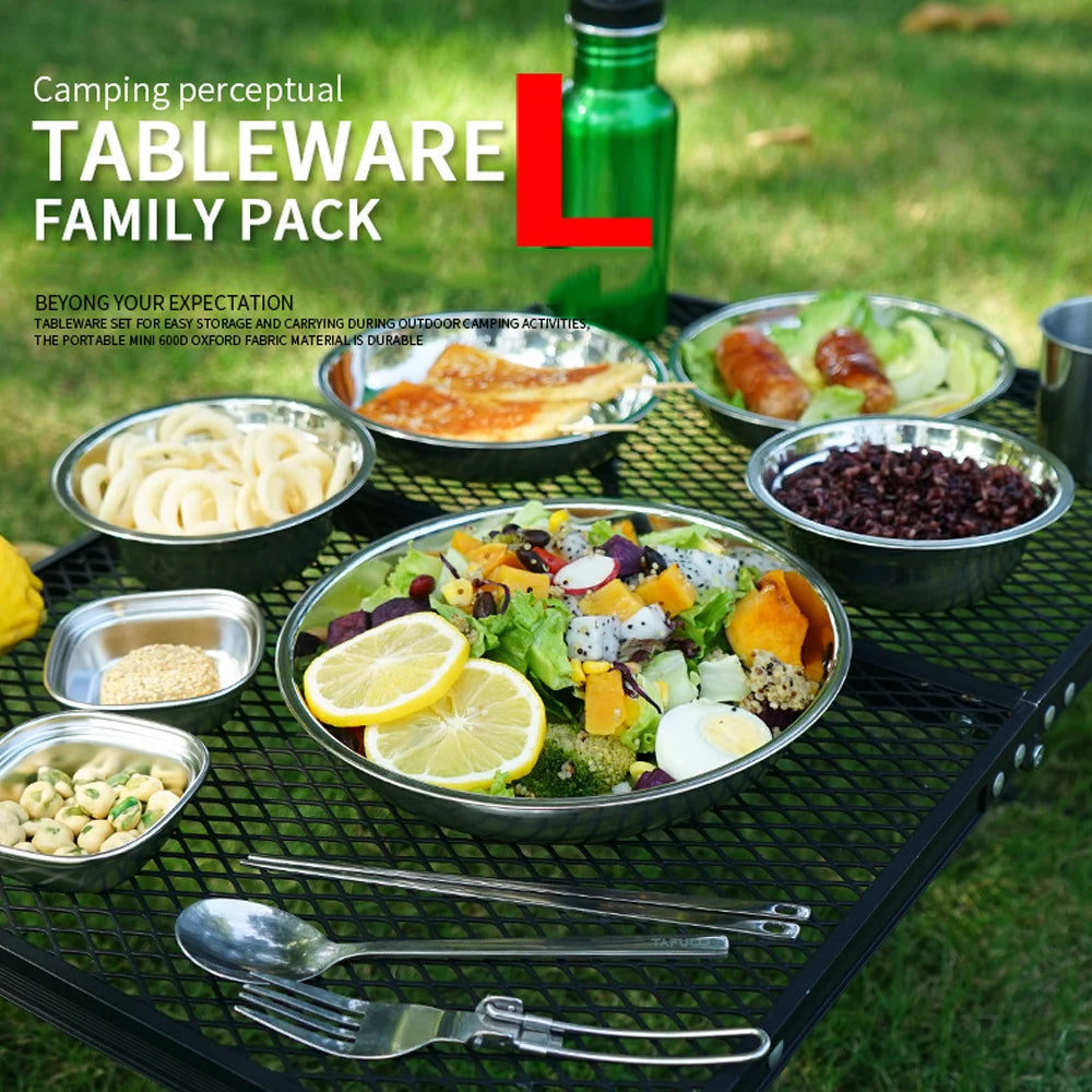 Outdoor 17/22Pcs Picnic Camping Stainless Steel Dinner Dish Plate Set Durable Tableware Salad Bowl Food Container Travel