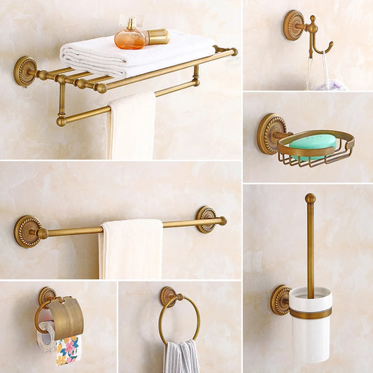 7PCs Copper Bathroom Wall Mount Pendant Set Toilet Hardware Pendant Towel Rack Combination Hanger Hook Paper/Brush Holder Shelf