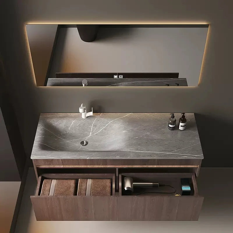 Light Luxury Bathroom Cabinets Rock Slab Integrated Washbasin Modern Solid Wood Bathroom Sink Cabinet Vanity Bathroom Furniture