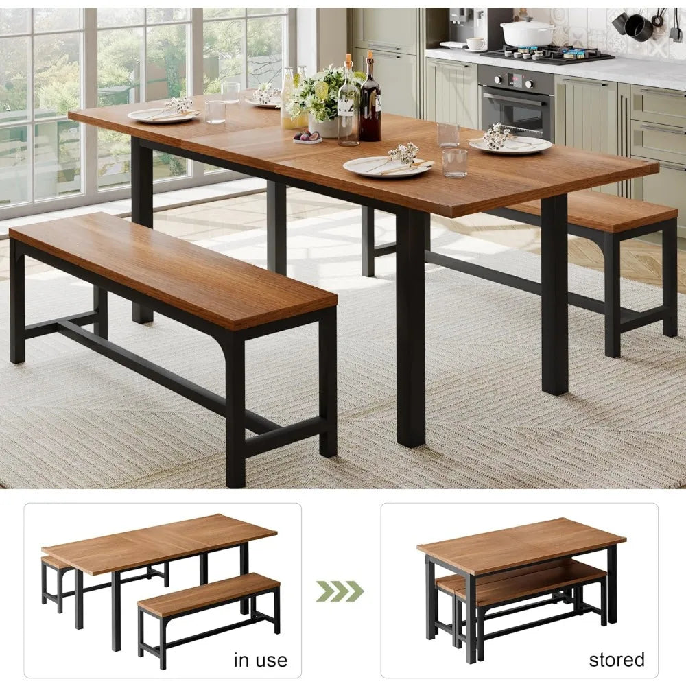 Feonase 63" Dining Table Set for 4-6, Extendable Dining Room Table with 2 Benches, 3 Pcs Kitchen Table for Small Space