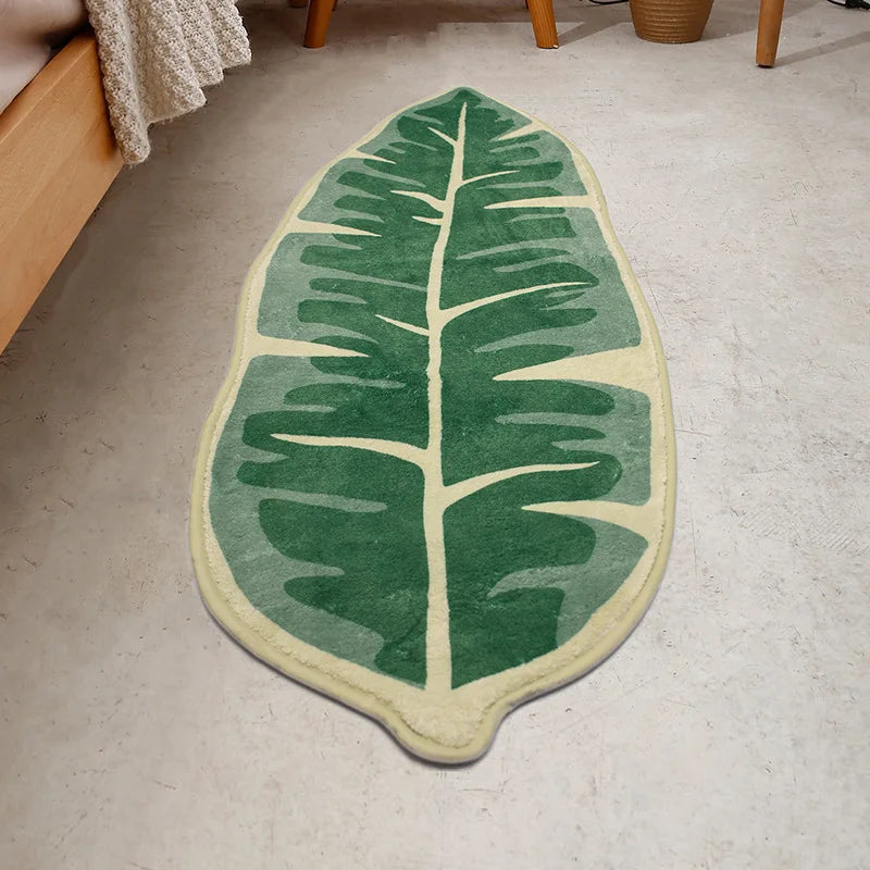 Inyahome Leaves Velveteen Green Bath Mat Non-Slip Soft Bathroom Rugs Luxury Microfiber Bath Rug Machine Washable Door Carpet