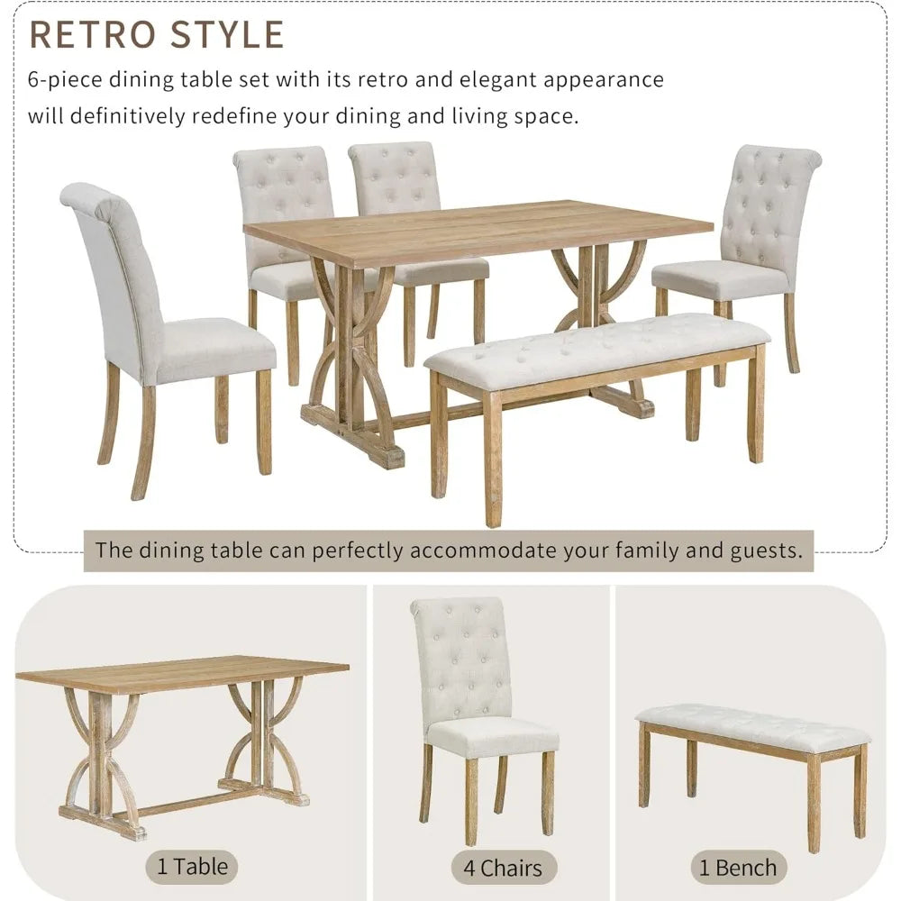 6 Pieces Wood Dining Table Set with Bench, Retro Rectangular Table with Unique Legs and 4 Upholstered Chairs for Dining Room