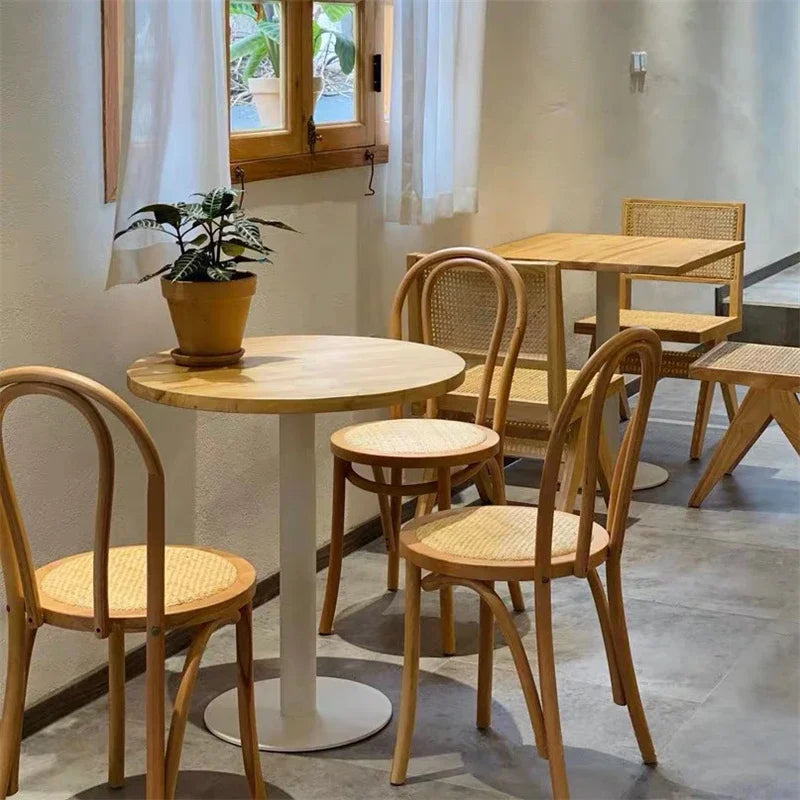 French Solid Wood Rattan Chairs Vintage Home Dining Seats American Balcony Backrest Benches Modern Dessert Shop Restaurant