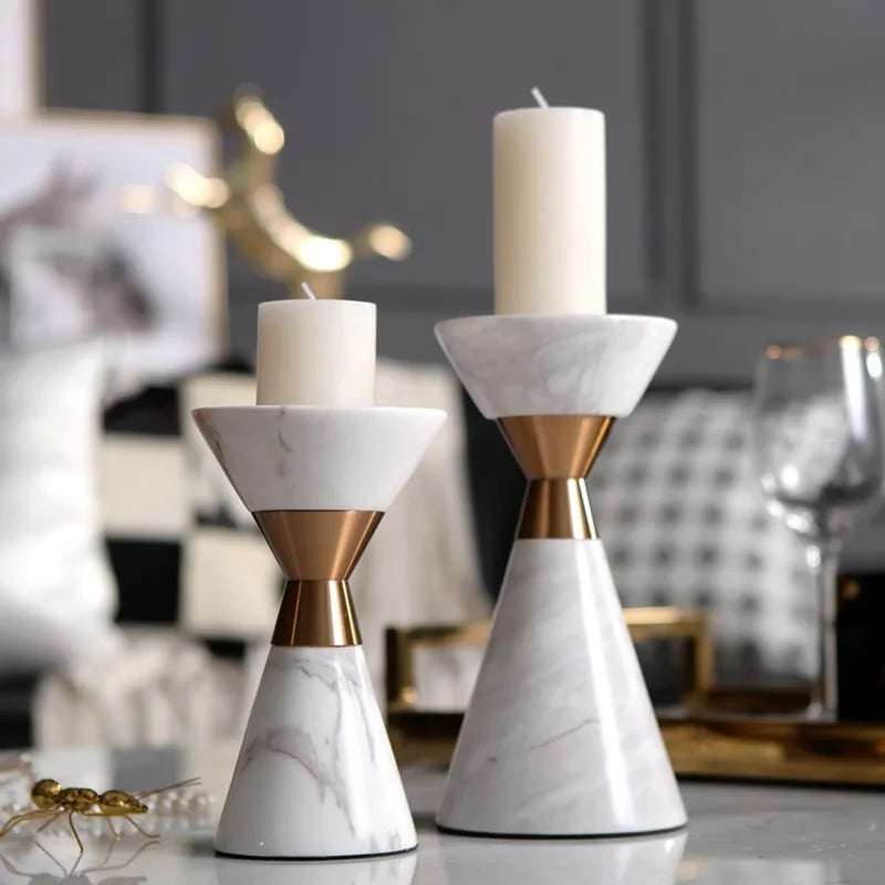 Scandinavian Volakos White Natural Marble Candlestick for Wedding Luxury Golden Metal Candlesticks for Candles