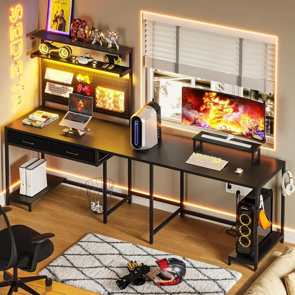 SEDETA L Shaped Gaming Desk with LED Lights, Pegboard and Drawers, Gaming with Hutch, Computer with Monitor Stand