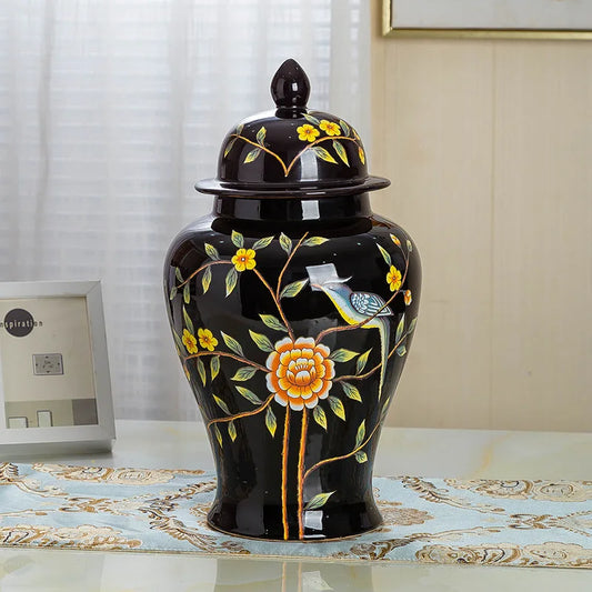 Ceramic Flower Vase with Lid, Black Ginger Jar, Vintage Art Deco, European Luxury Floral Temple Jar, Porcelain, Large