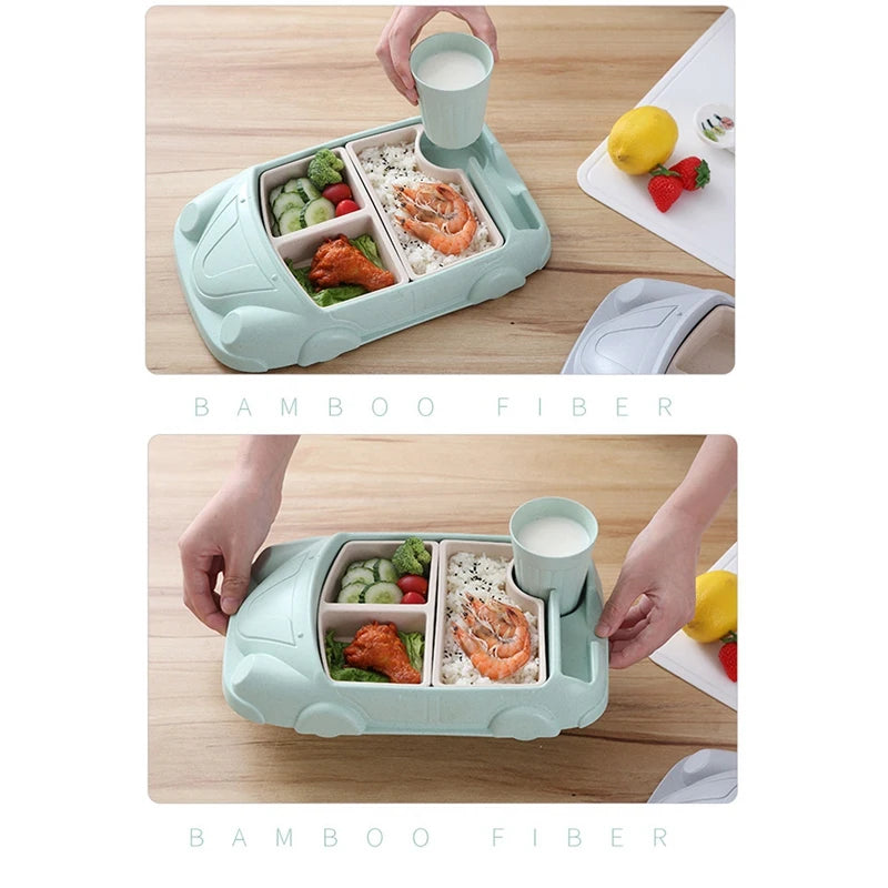 Cartoon Car Plate Baby Dishes Set Bamboo Fiber Plate+Cup Sub-Grid Bowl Children's Gift Tableware Set Feeding Dishes