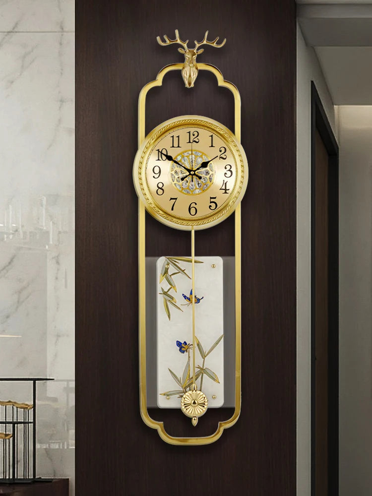 Wall clock, Chinese style light luxury pure brass living room wall clock, European retro creative art, atmospheric pendulum