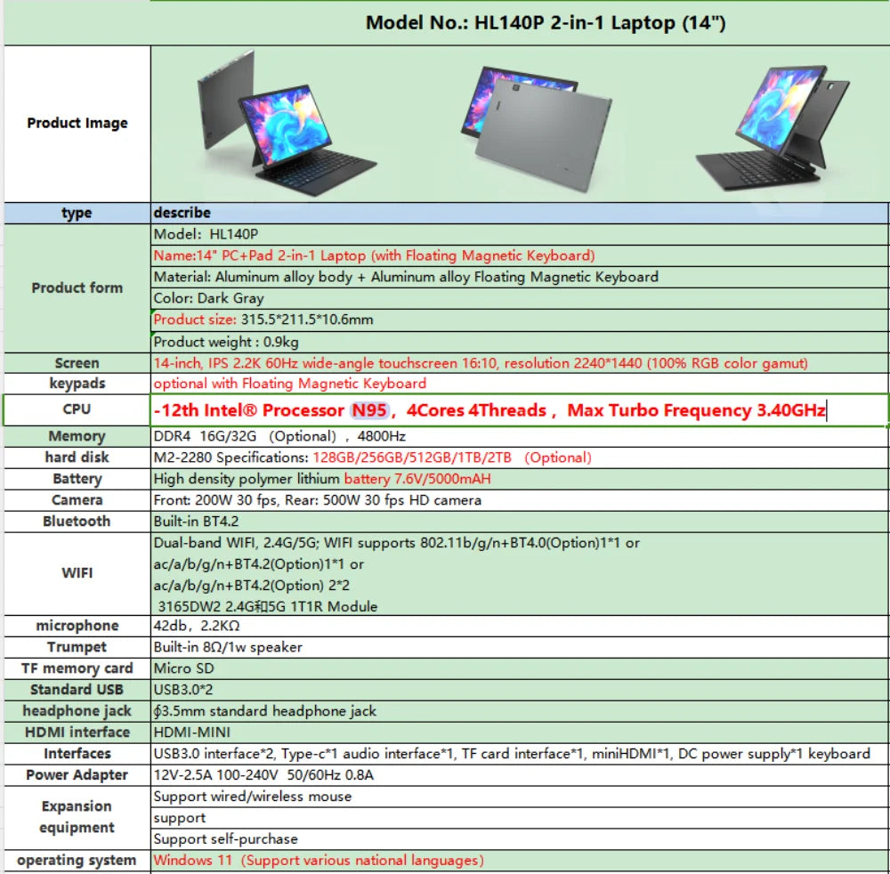 Intel® Processor N95 PC+PAD 14" IPS Touch Screen Windows 11 Ram 16GB Rom 128G-2TB SSD Computer Wifi BT Gaming Laptop