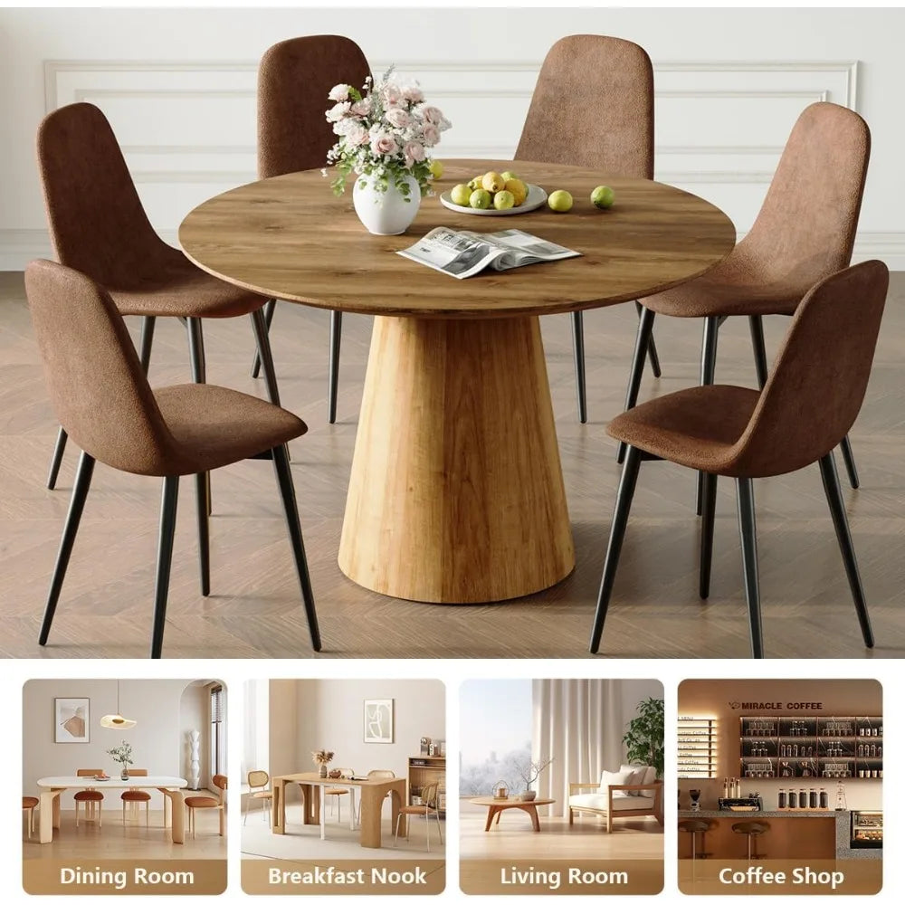 Round Dining Table Set for 6, 45''Round Wooden Dining Set with Cushioned Chairs for Kitchen Table and Chair Set