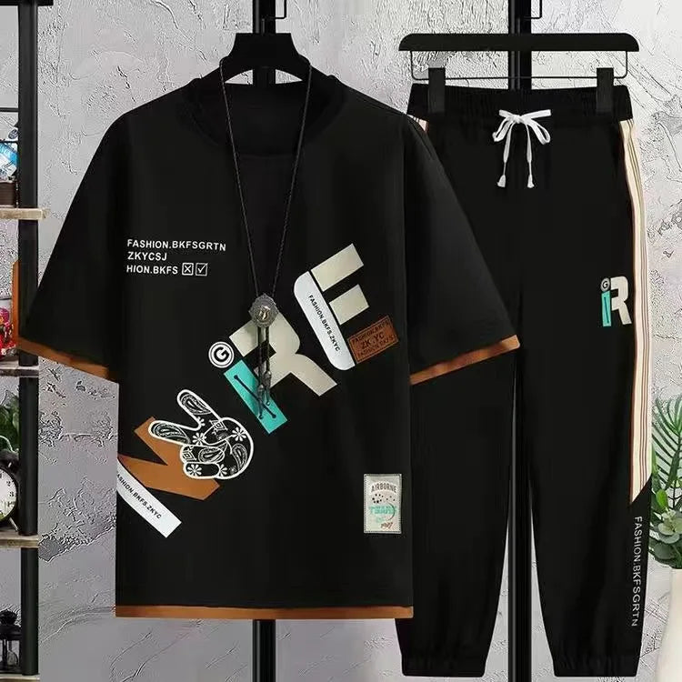 Tracksuit Men Harajuku High Street T-shirt Sports Pants 2-piece Set Loose Oversized Suit Fashionable Men's Clothing 2024 New