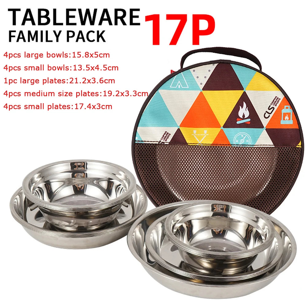 Outdoor 17/22Pcs Picnic Camping Stainless Steel Dinner Dish Plate Set Durable Tableware Salad Bowl Food Container Travel