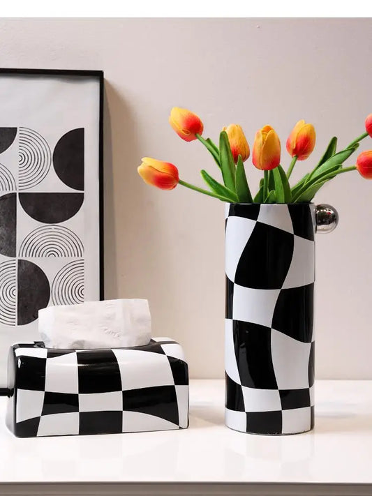 Light Luxury Black and White Geometry Checkered Ceramic Vase Tissue Box Paper Box Dining Table Decoration Nordic Decoration Home