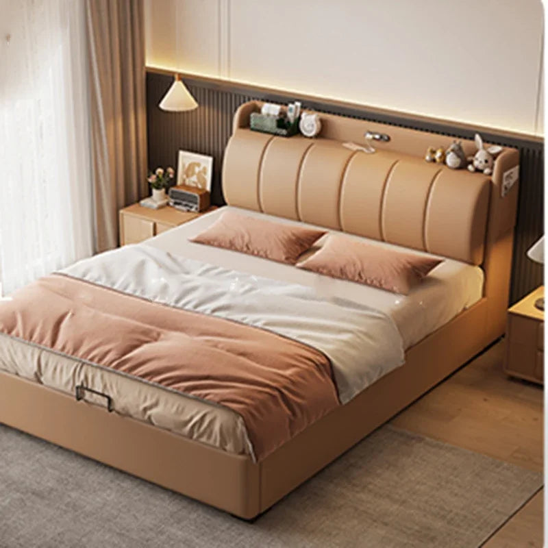 Storage Wedding Double Bed Luxury Modern Orange Simple Double Bed Soft High Camas Moderrnas Inteligentes Bedroom Furniture