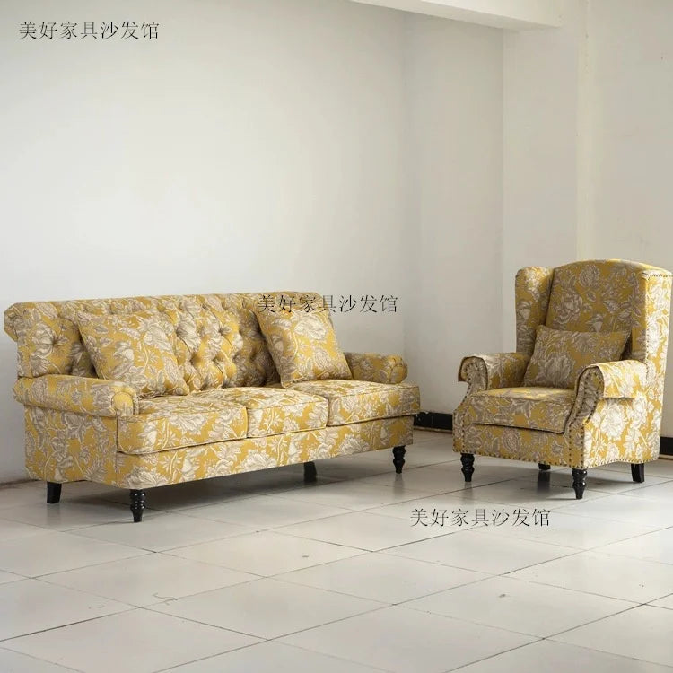 American Single Solid Wood Living Room Sofa Yellow Pastoral Color Pull Buckle Fabric Three-Seat Sofa