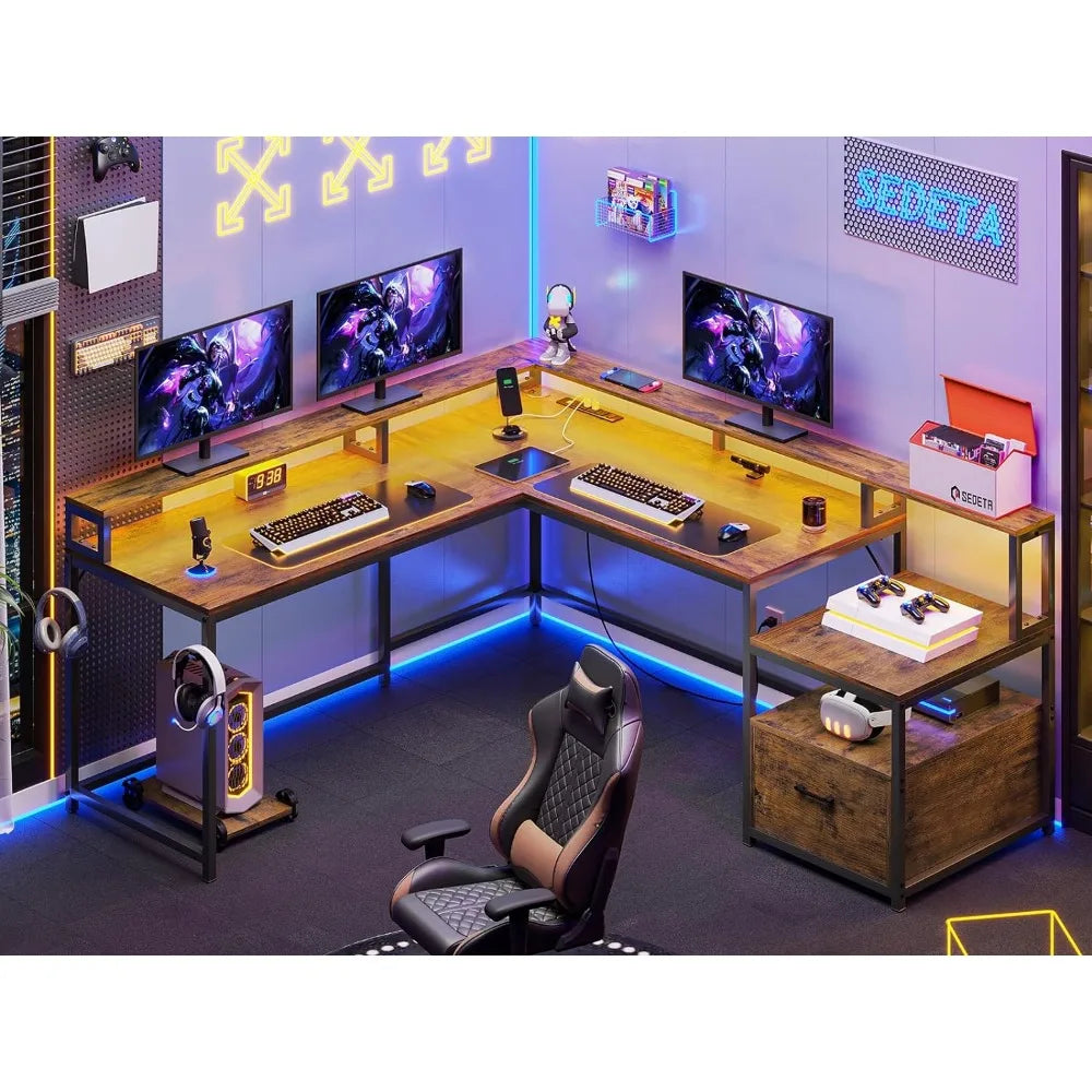 L Shaped Desk, File Drawer & Power Outlet, Gaming Desk with Led Lights, Corner Computer Desk with Monitor Shelf, Two Person Desk