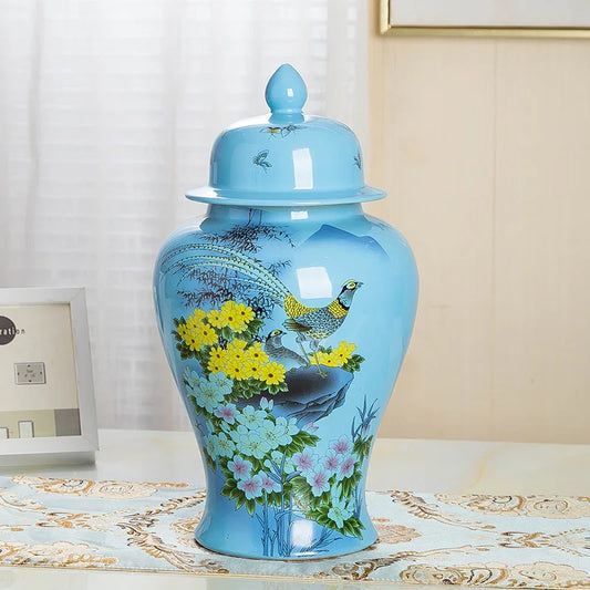 Ceramic Floral Temple Ginger Jar, Blue Chinamingstyle Vase, Decorative Flower, 18 Inch, Modern, Luxury