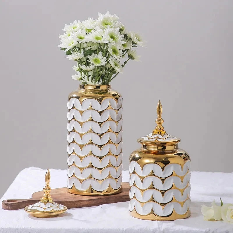 Luxury Electroplated Gold Plaid Ceramic General Jar Artwork Storage Jar Hotel Display Vase Home Decoration Dry Flower Vase