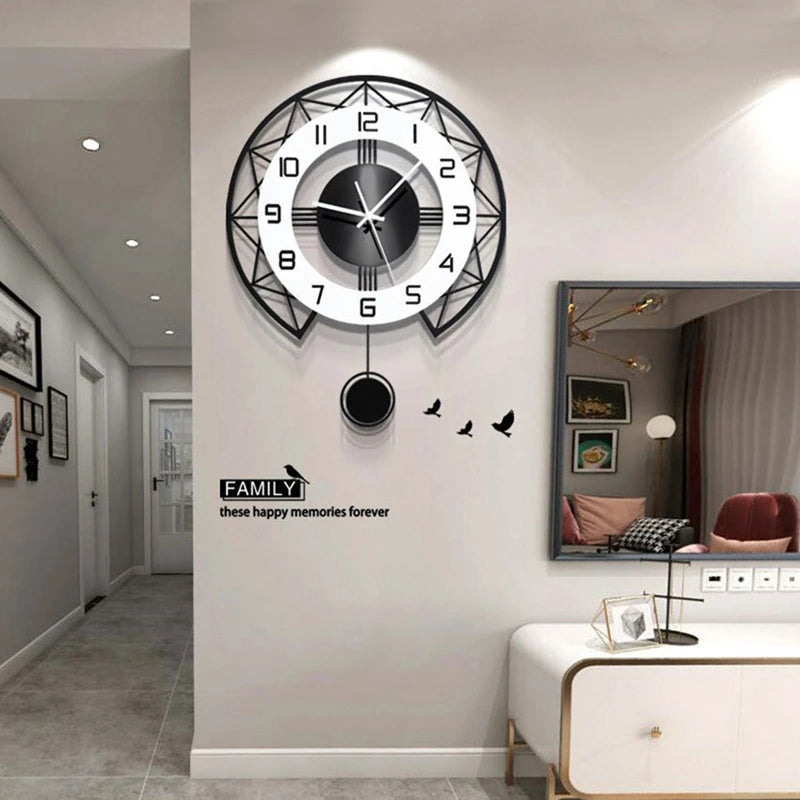 Modern Nordic 3D Wall Clocks With Pendulum Minimalist Black Metal Silent Wall Clock Living Room Restaurant Decoration Clock 50cm