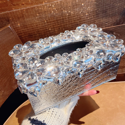 Sparkling Tissue Box with Crystal Rhinestone Luxury Leather Napkin Holder Tissue Paper Packaging Silver Tissue Holder Wipes Case