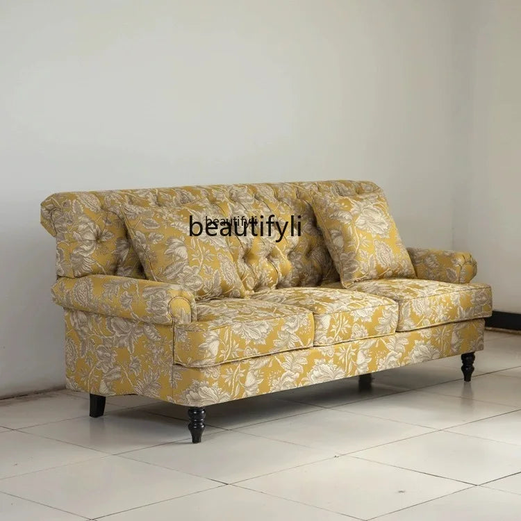 American Single Solid Wood Living Room Sofa Yellow Pastoral Color Pull Buckle Fabric Three-Seat Sofa