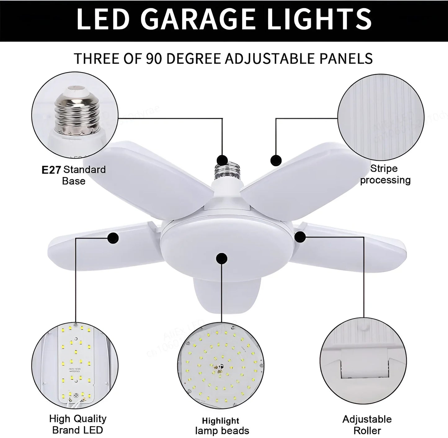 Foldable LED Light E27 85-265V for Home Ceiling Light Garage Light 3/4 Fan Angle Adjustable Light Cool/Warm White 3000-6500